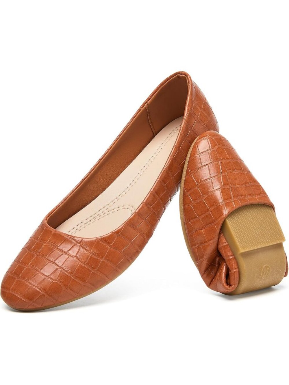 Women's Brown PU Leather Round Toe Ballet Flats Slip On Office Comfortable Shoes